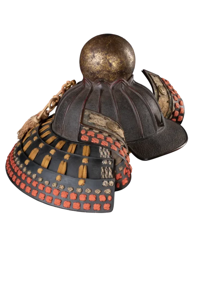 Toppai kabuto with a smooth golden dome and an orange shikoro neck guard, side view