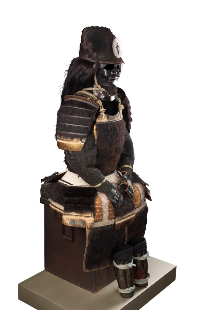 Tōsei gusoku with bear-fur helmet crest and bonji characters, seated mount