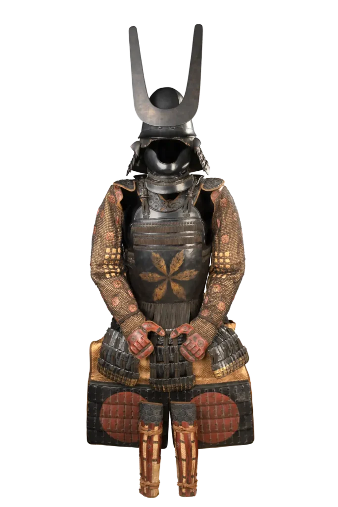 Tosei gusoku armor with gold floral pattern on tenpi shoulder guards, black and red