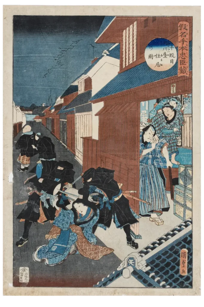 Chūshingura woodblock print of the night attack in the street before Kira's residence, GRA-00082
