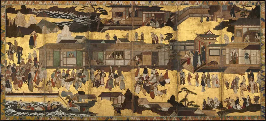 Byobu folding screen with nanban painting — European missionaries on gold ground