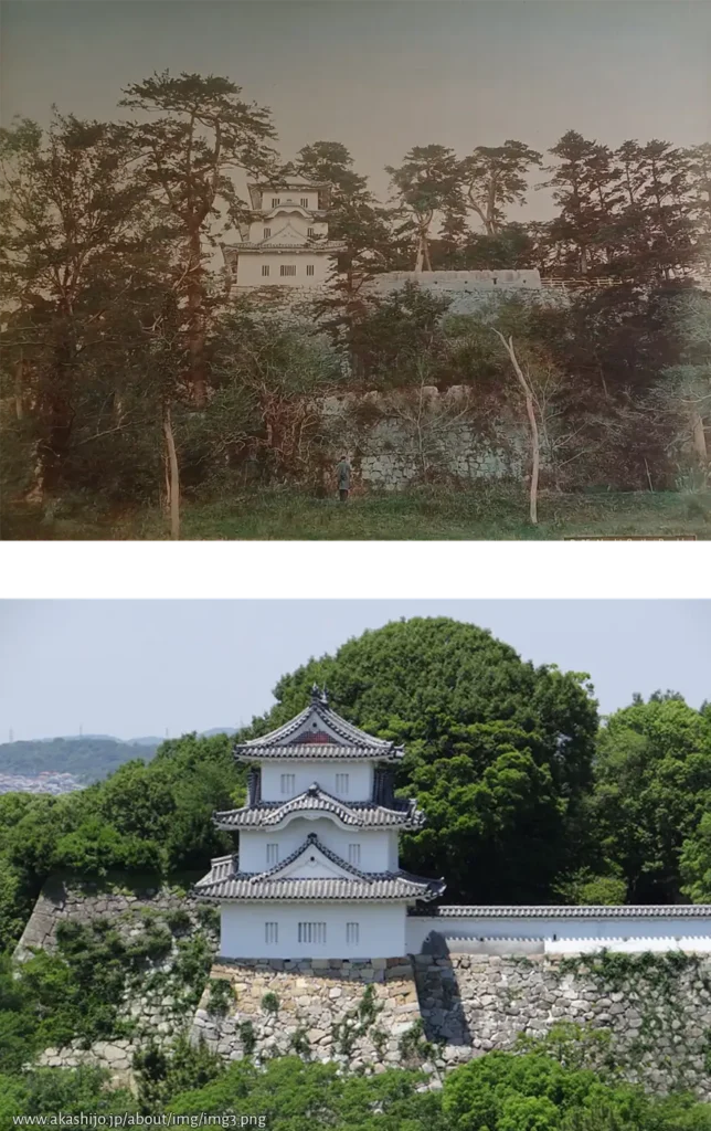 Burg Akashi im Vergleich — historische Aufnahme von 1889 und heutiger Zustand