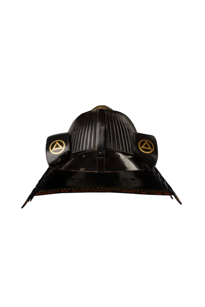Suji-bachi helmet bowl with visible ridges and gilt crest of the Hōjō clan