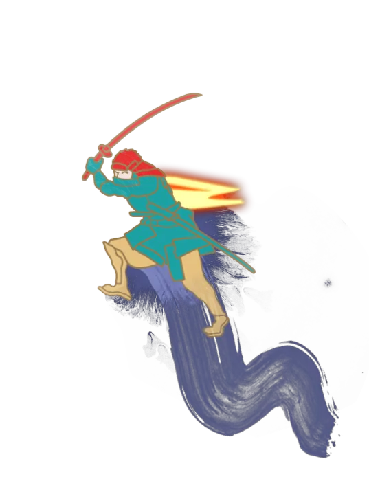 Illustration of a samurai in a leaping attack with red sword — kenjutsu