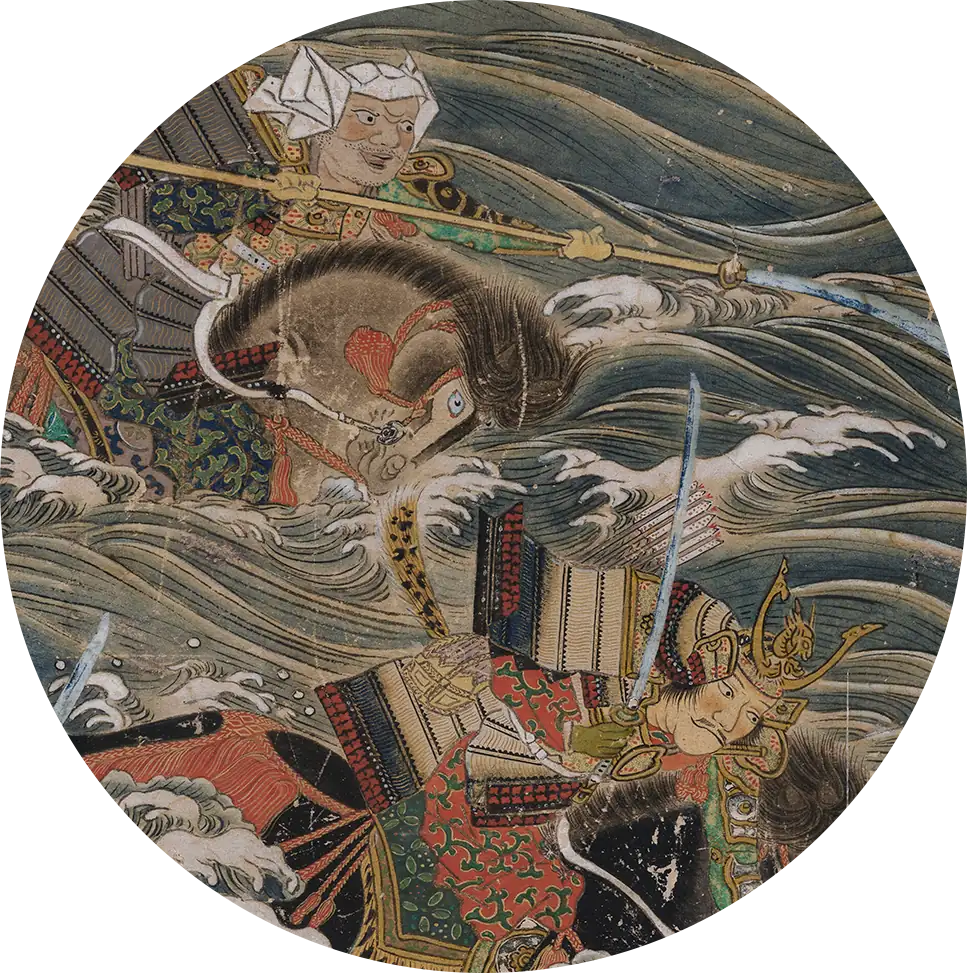 Illustration of the battle in the water with Minamoto Yoshitsune and Benkei