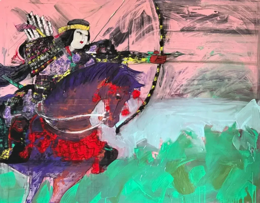 Expressive painting of a yabusame horsewoman — onna-musha in contemporary art