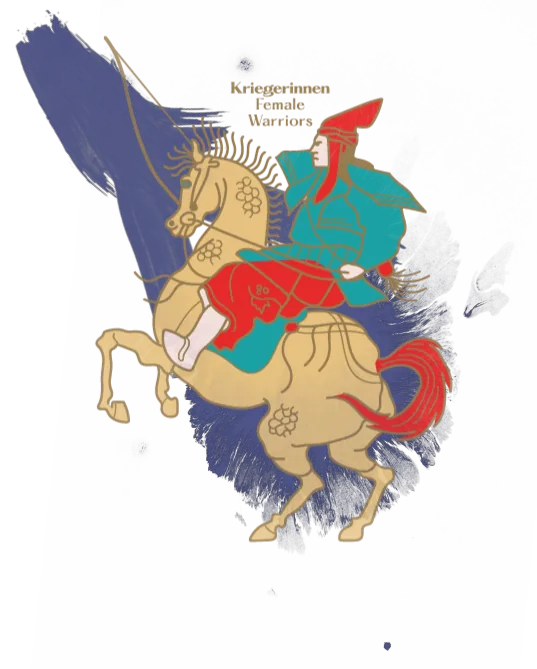 Illustration of an onna-musha on horseback with bow and inscription