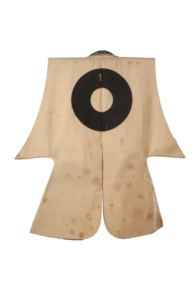 Jinbaori with janome crest, black circle on light beige ground, rear view