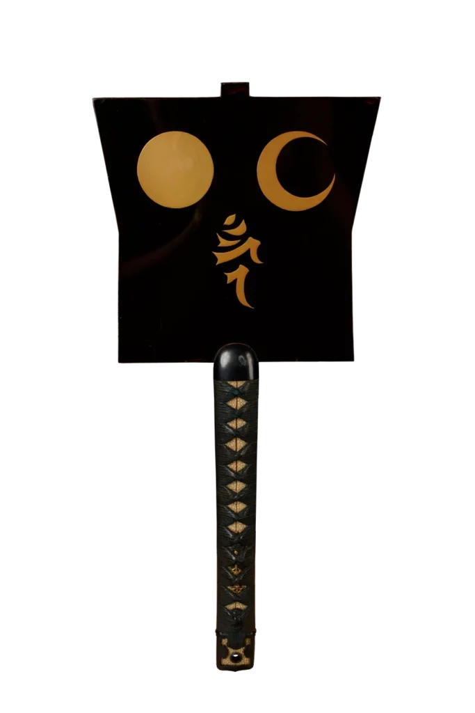Gunbai — war fan in black and gold with sun, moon and kanji inscription