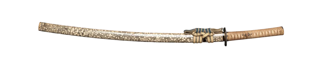 Tachi koshirae with kai-same ray-skin saya, blue sageo and gilt fittings