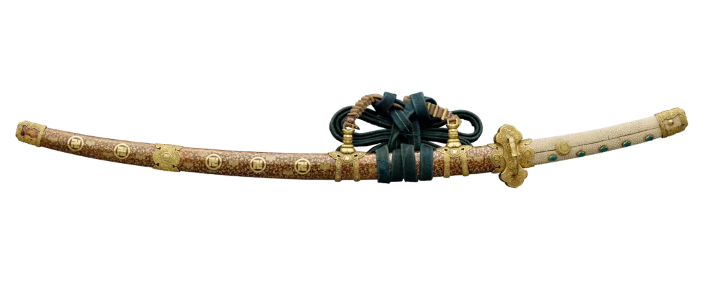 Tachi koshirae SWO-N138 with gold maki-e and manji crest, display case H04V