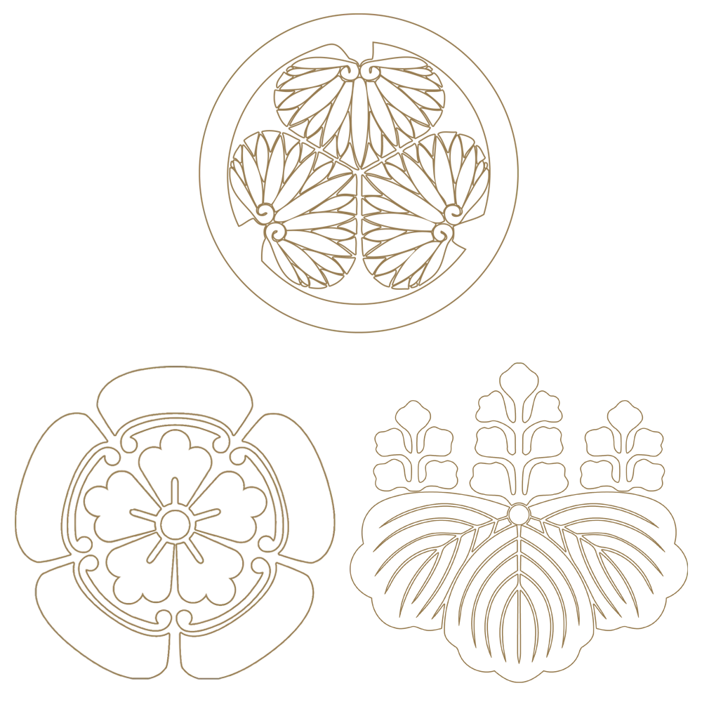 Crests of the three unifiers in gold — Tokugawa, Oda and Toyotomi