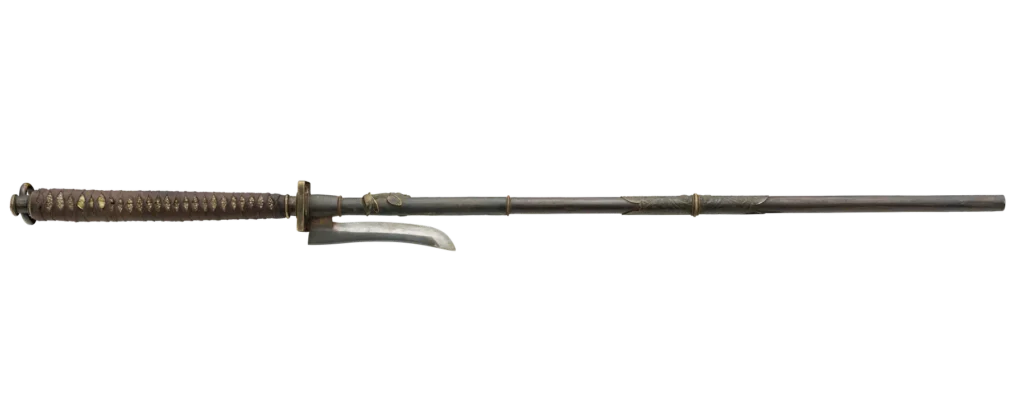 Kama-yari mit seitlicher Hakenklinge und brauner Griffwicklung, Museumsobjekt 00037