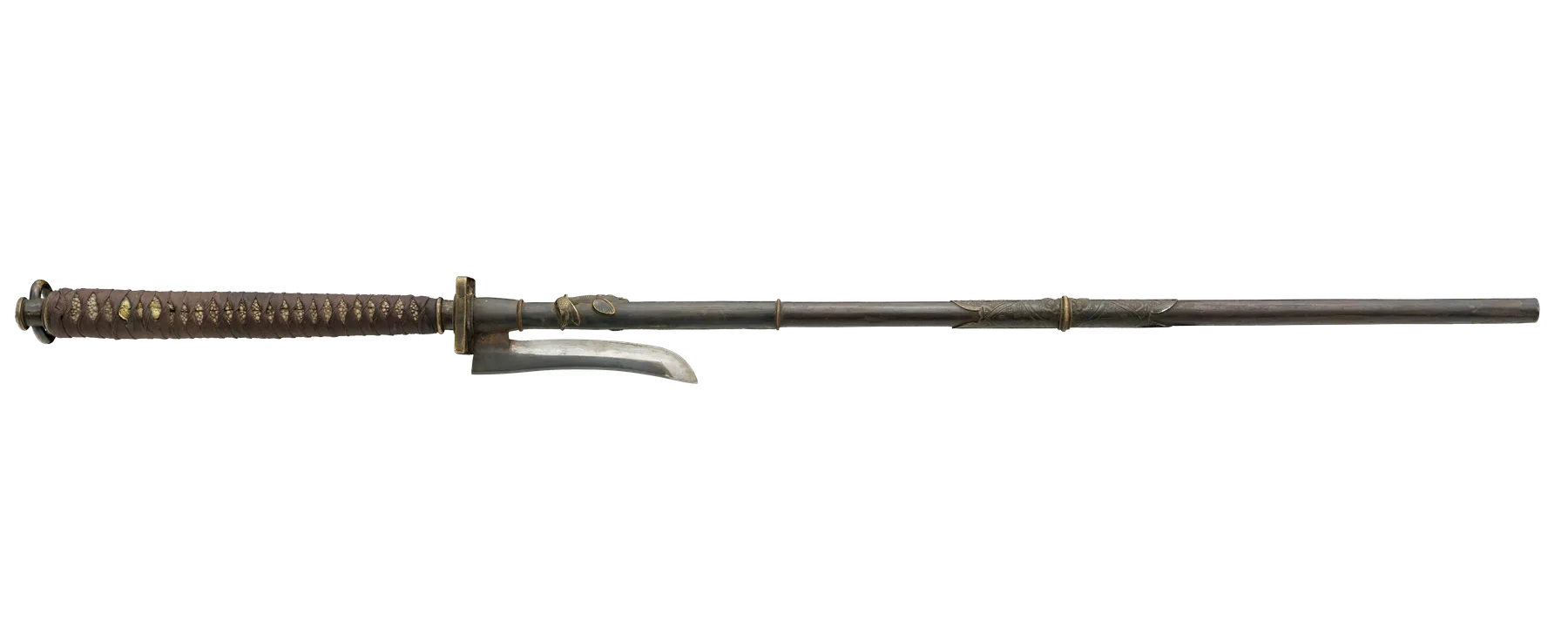 Kama-yari with lateral hooked blade and brown grip wrapping, museum object 00037