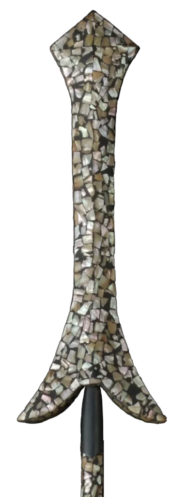 Mother-of-pearl mosaic on black lacquer on the shaft of the su-yari, cut out