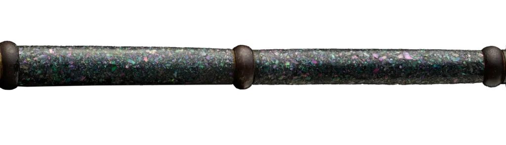 Detail of the iridescent raden mother-of-pearl inlay on the yari shaft